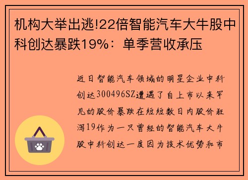 机构大举出逃!22倍智能汽车大牛股中科创达暴跌19%：单季营收承压