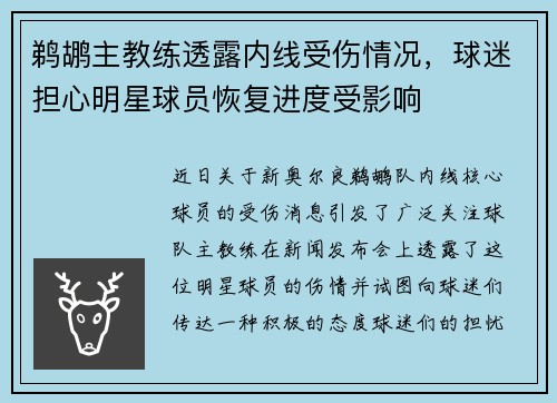 鹈鹕主教练透露内线受伤情况，球迷担心明星球员恢复进度受影响